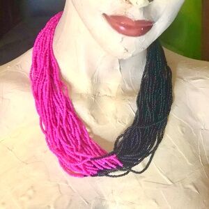 3/$40 Fuchsia Pink & Black Multiple 30 Strand Seed Bead Matinee Length Necklace